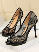 Damen Kleid Schuhe Peep Toe Stiletto Pumps Schwarz High Heels
