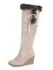 Damen Kniehohe Stiefel Wildleder Runde Zehe Fell Detail Keil Winterstiefel
