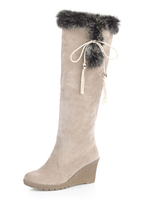 Damen Kniehohe Stiefel Wildleder Runde Zehe Fell Detail Keil Winterstiefel