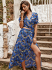 Damen Königsblau Zweiteiler Sets Polyester V-Ausschnitt Bedruckte Kurzarm Bohemian Long Dress Outfit