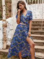 Damen Königsblau Zweiteiler Sets Polyester V-Ausschnitt Bedruckte Kurzarm Bohemian Long Dress Outfit