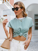Damen Kurzarm T-Shirt Grüne Polyester Streifen Jewel Neck Casual Bluse