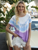 Damen Kurzarm T-Shirt Lila bedruckte Farbblock Jewel Neck Polyester Casual Bluse