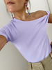Damen Kurzarm T-Shirt Lila Unregelmäßig Asymmetrischer Hals Polyester Bluse