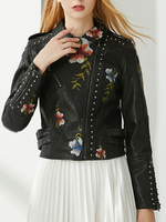 Damen Kurze Jacke Schwarzer Turndown Kragen Langarm Floral Bestickte Nieten Leder Winterjacke