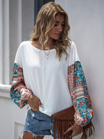 Damen Langarm Bluse Weißer Blumendruck Asymmetrisch Aus der Schulter Polyester T-Shirt