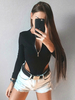 Damen Langarm Bodysuit Black Jewel Neck Sexy Polyester Top