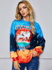 Damen Langarm T-Shirts Blau Polyester bedruckt Jewel Neck Frauen T-Shirt