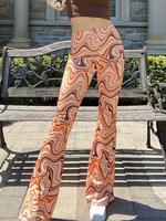 Damen Lange Hosen Orange Rot Paspeln Polyester Stretch Erhöhte Taille Streifen Schlaghose