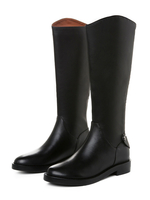 Damen Leder Reitstiefel Kniehohe Stiefel Rindsleder Schwarz Runde Kappe Flach