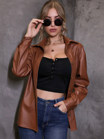 Damen Lederjacken Kaffee Braun Turndown Kragen Front Button Casual Kurze Lederjacke