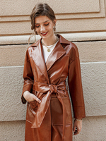 Damen Ledermantel Langarm Turndown Collar Classic Deep Brown Ledermantel