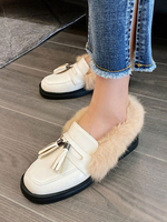 Damen Loafers White Round Toe Freizeitschuhe Künstliche kurze Plüschquasten Damenschuhe