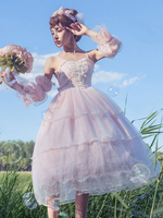 Damen Lolita JSK Kleid 2-teiliges Set Hell Himmelblau Ärmellose Schleifen Tüll Lolita Pullover Röcke Outfits