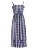 Damen Maxi Cami Kleider ärmellose blaue karierte Träger Hals plissiert rückenfreie Baumwolle langes Kleid