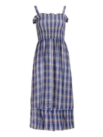 Damen Maxi Cami Kleider ärmellose blaue karierte Träger Hals plissiert rückenfreie Baumwolle langes Kleid