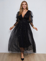 Damen Maxi Kleider Lange Kugelhülsen Schwarz Tüll langes Kleid