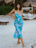 Damen Maxikleider Blau Ärmellos bedruckte Träger Hals Backless Polyester Long Cami Kleid