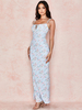 Damen Maxikleider Blau Ärmellose Flora Bedruckte Träger Hals Backless Polyester Long Cami Dress