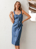 Damen Maxikleider Blau Ärmellose Träger Halsknöpfe Rückenloses Polyester Cowboy Langes Kleid