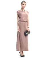 Damen Maxikleider Cameo Brown Kurzarm Jewel Neck Fake Zweiteiliges Polyester Langes Kleid