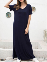 Damen Maxikleider Dark Navy Kurzarm Langarmkleid mit V-Ausschnitt und Baumwollmischung