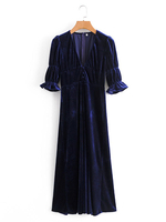 Damen Maxikleider Halbarm Dunkle Marine V-Ausschnitt Plissee Velours Langes Kleid