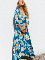 Damen Maxikleider Himmelblau Halbarm Bedrucktes V-Ausschnitt Schnüren Polyester Casual Long Dress