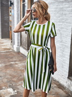 Damen Maxikleider Hunter Green Langarm Streifen Streifen Jewel Neck Schnüren Polyester Langes Kleid