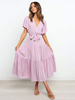 Damen Maxikleider Kurze Ärmel Lavendel V-Ausschnitt Lace Up Layered Polyester Sommer langes Kleid