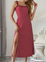 Damen Maxikleider Langarm Burgunder Polka Dot Träger Hals Split Front Polyester Langes Kleid
