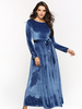 Damen Maxikleider Langarm Deep Blue Jewel Neck Schnürung Velours Bodenlanges Kleid