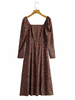 Damen Maxikleider Langarm Kastanienbraun zweifarbiges Polyester-Tunika-Kleid mit quadratischem Hals