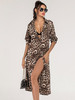 Damen Maxikleider Langarm Leopardenmuster Turndown Kragen Split Front Polyester Langes Kleid
