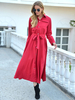 Damen Maxikleider Langarm Rote Turndown Kragen Knöpfe Polyester Bodenlanges Kleid