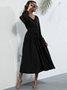 Damen Maxikleider Langarm Schwarz V-Ausschnitt Polyester bodenlanges Kleid