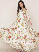 Damen Maxikleider Leichte Aprikose Halbe Ärmel Blumen Bedruckt Juwelenhals Rüschen Polyester Bodenlanges Kleid