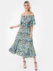 Damen Maxikleider Mintblau Kurzarm Teal Printed Bateau Neck Plissee Unregelmäßiges Polyester bodenlanges Kleid