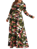 Damen Maxikleider Plus Size Langarm Jewel Neck Camo Print Lace Up Long Dress