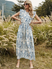 Damen Maxikleider Ärmelloses blaues Blumendruck Jewel Neck Rüschen Rückenloses Polyester Langes Kleid