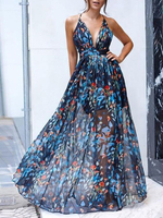Damen Maxikleider Ärmelloses Blumendruck Rückenfreies Polyester bodenlanges blaues langes Kleid