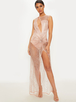 Damen Maxikleider Ärmelloses Champagner Bodycon Asymmetrisches Polyester Sheer Long Dress