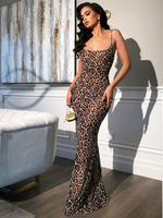 Damen Maxikleider Ärmelloses Leopardenmuster Polyester Langes Kleid mit quadratischem Hals