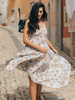 Damen Maxikleider Ärmelloses weißes Blumenmuster V-Ausschnitt Böhmisches Kleid Chiffon Langes Kleid