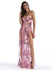Damen Maxikleider Rosa ärmellose bedruckte Träger Hals geteilt vorne Bodycon rückenfreies Polyester langes Kleid