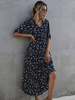 Damen Maxikleider Schwarz Halbe Ärmel Blumendruck V-Ausschnitt Maxi Polyester Langes Kleid