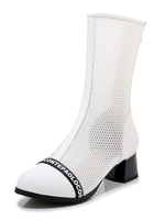 Damen Mesh Stiefel White Round Toe Block Heel Stiefel