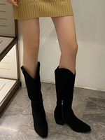 Damen Mid Calf Boots Black Pointed Toe Leder Chunky Heel