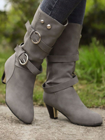 Damen Mid Calf Boots Grau Round Toe Buckle Wide Wadenstiefel Stiefel