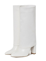 Damen Mid Calf Boots White Leder Round Toe Chunky Heels